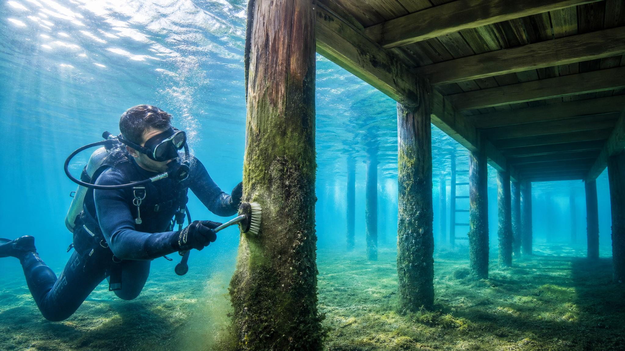 Diver inspecting the underside of a lake dock